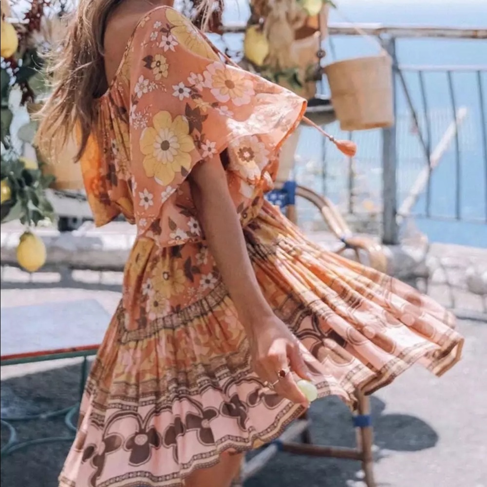 Yellow Tiered Boho Floral Gypsy Print Dress - Picture 3 of 11